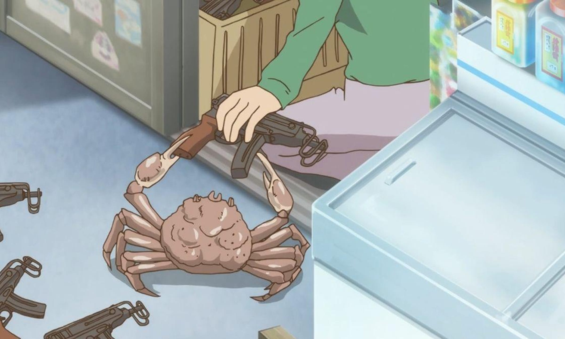 A screenshot taken from the anime "Sabagebu!" where a person is handing guns to crabs.