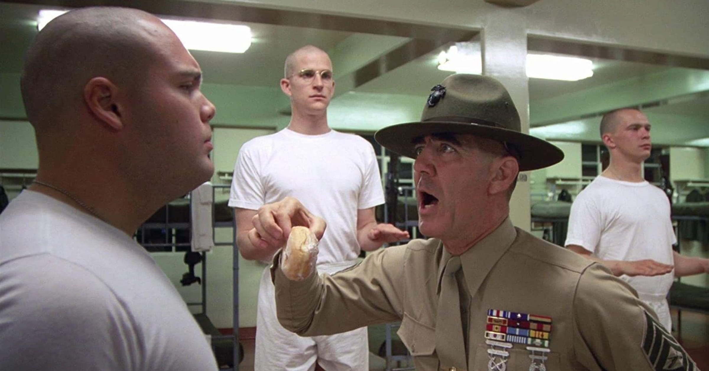 A shot from one of the boot camp scenes from the movie "Full Metal Jacket", Kubrick's famous interpretation of the war movie genre.