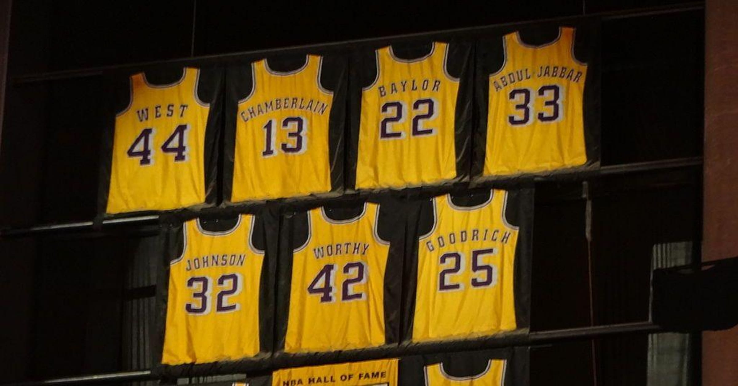 A shot of all the retired jerseys in the Los Angeles Lakers