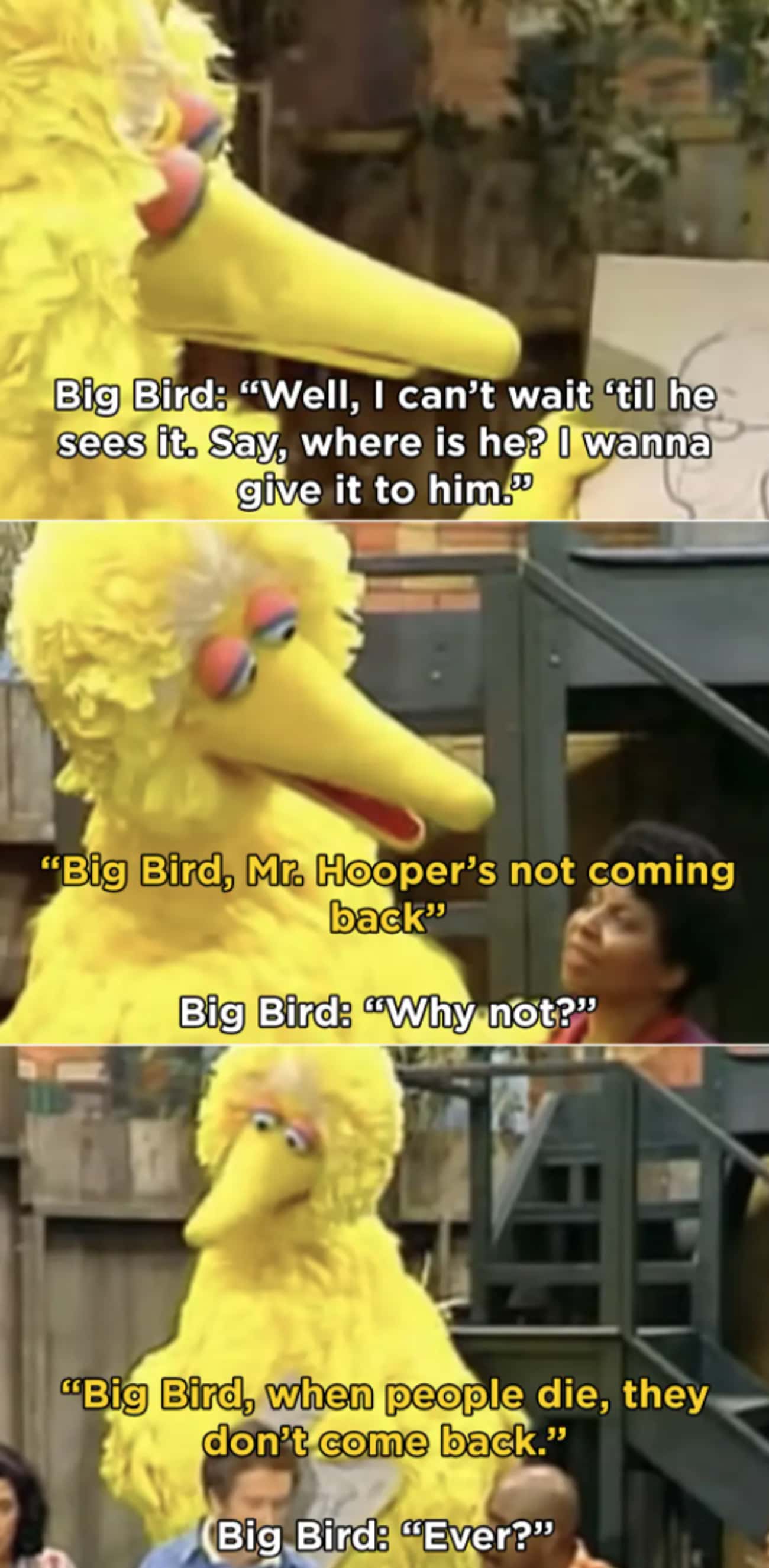 Sesame Street Residents Tell Big Bird About The Passing Of Mr. Hooper