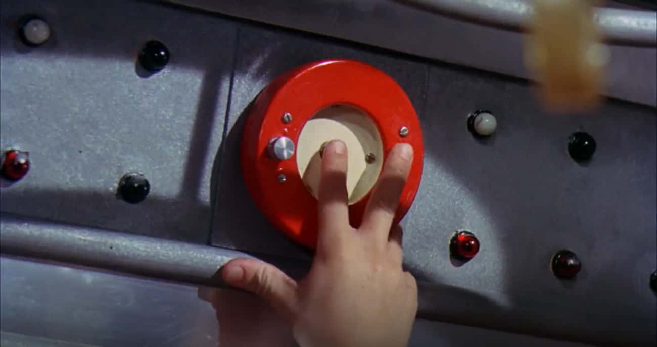 Charlie Bucket Presses The Red Button In The Great Glass Wonkavator In ‘Willy Wonka and the Chocolate Factory’