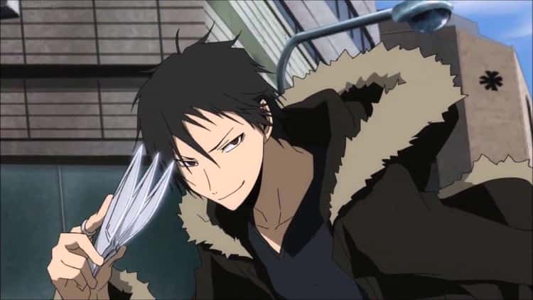 handsome anime killer holding a knife in dark anime