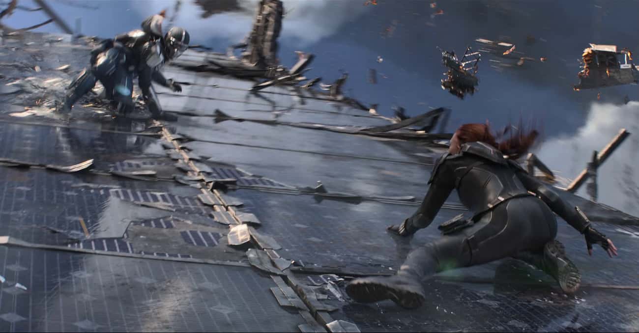 Black Widow Duels With Taskmaster While The Red Room Base Falls From The Clouds In 'Black Widow'