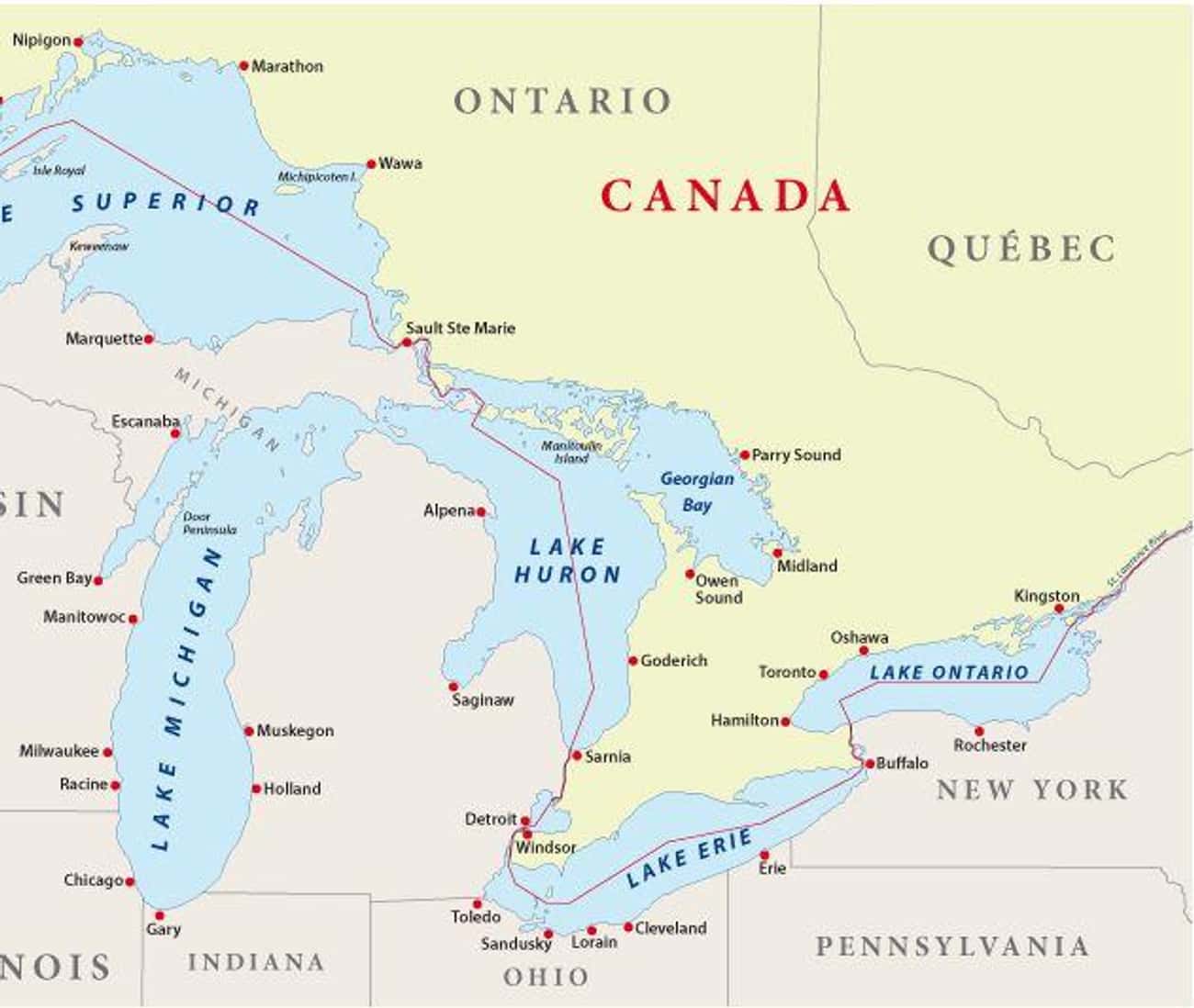 Озера верхнее Мичиган Гурон Эри Онтарио на карте Северной Америки