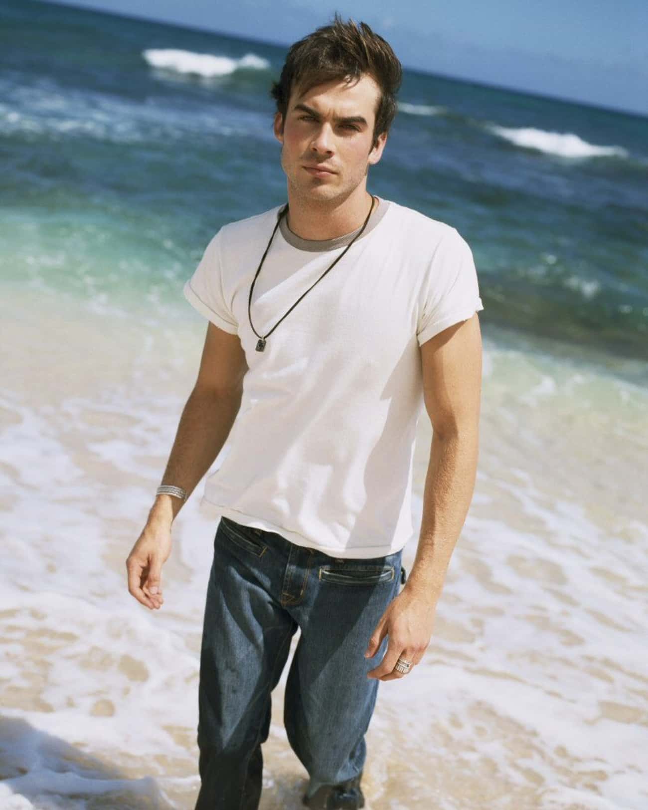 Ian Somerhalder in Folded Sleeves T-Shirt with Jeans