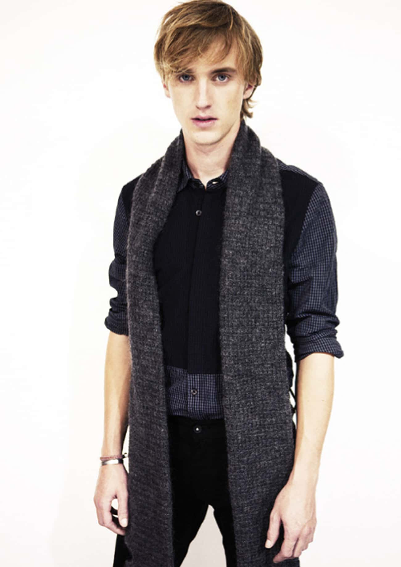Tom Felton in Cropped Waistcoat with Knitted Scarf