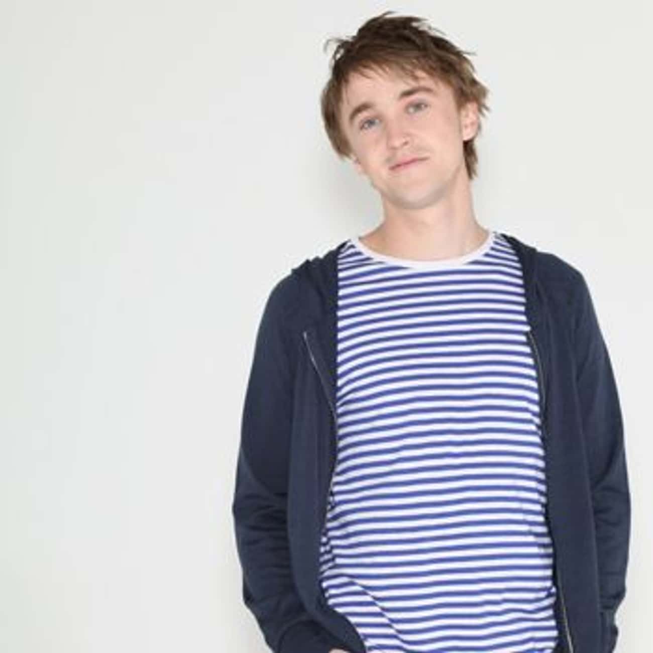 Tom Felton in Stripes Shirt with Wool Hooded Jacket