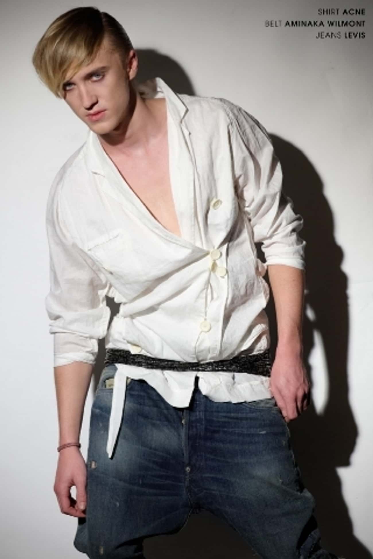 Tom Felton in Wrapped Shirt with Aminaka Belt and Levis Jeans
