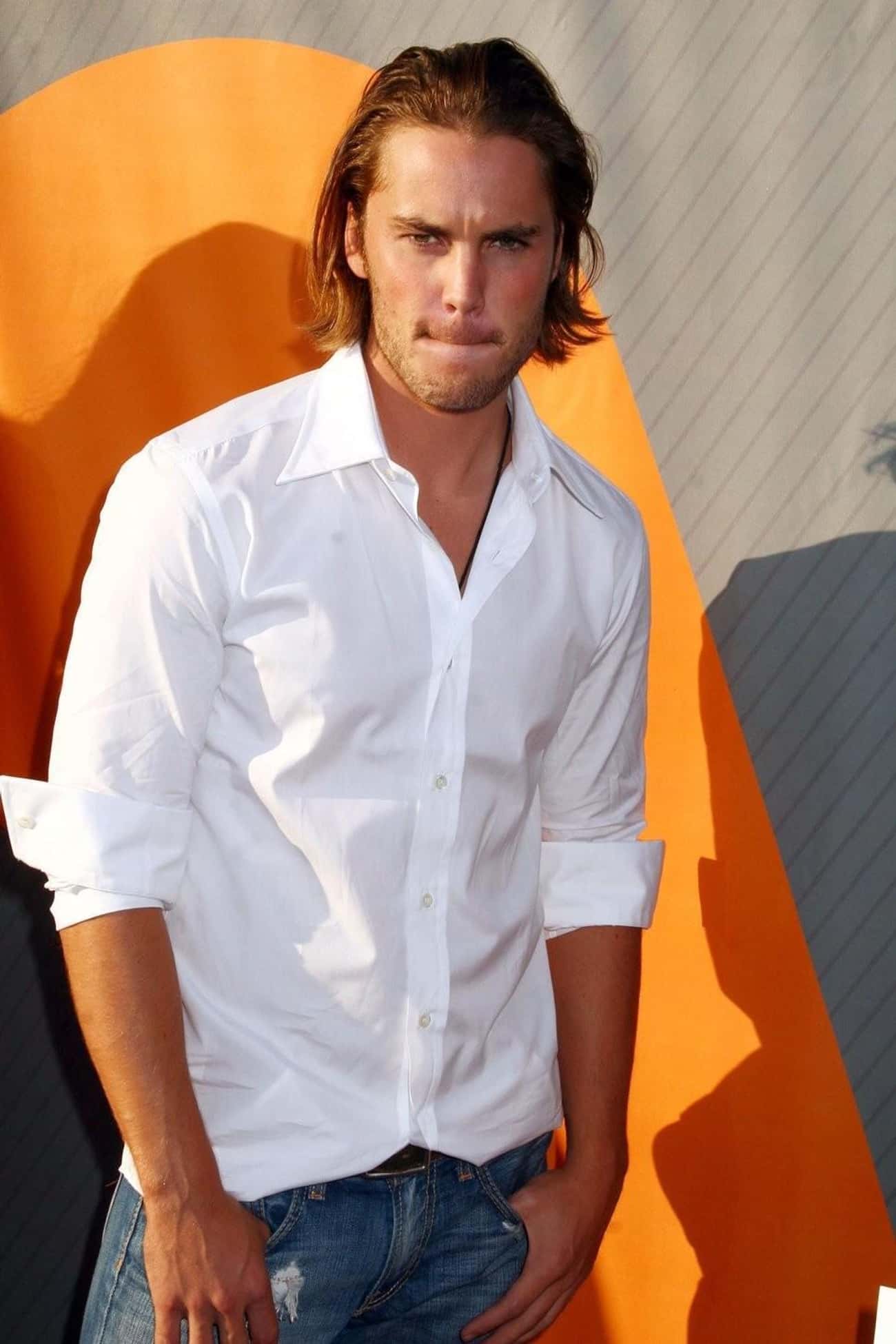 Taylor Kitsch in White Long Sleeve Shirt with Denim Jeans