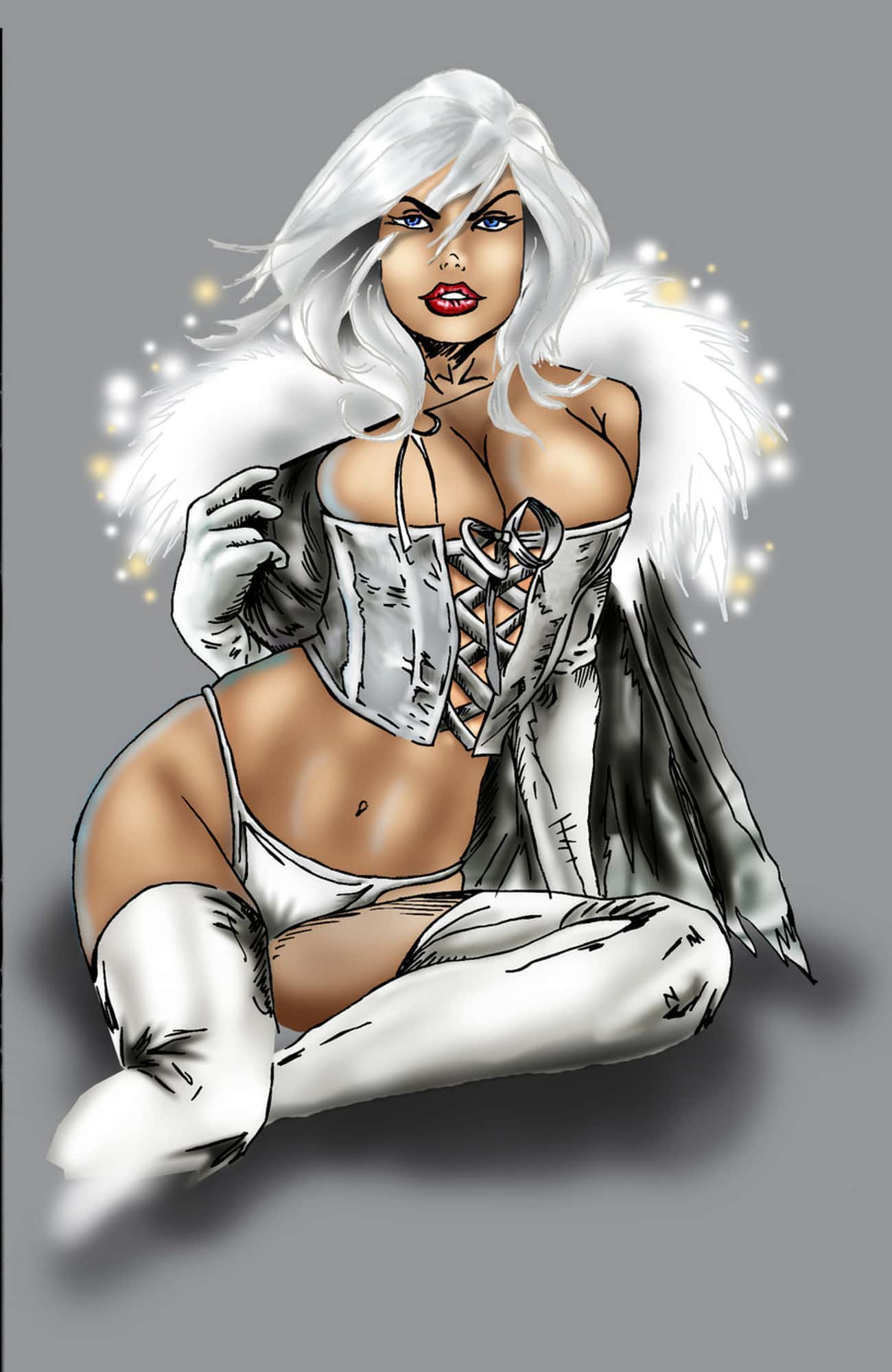 Emma Frost in Ribbon Corset with Fur Jacket