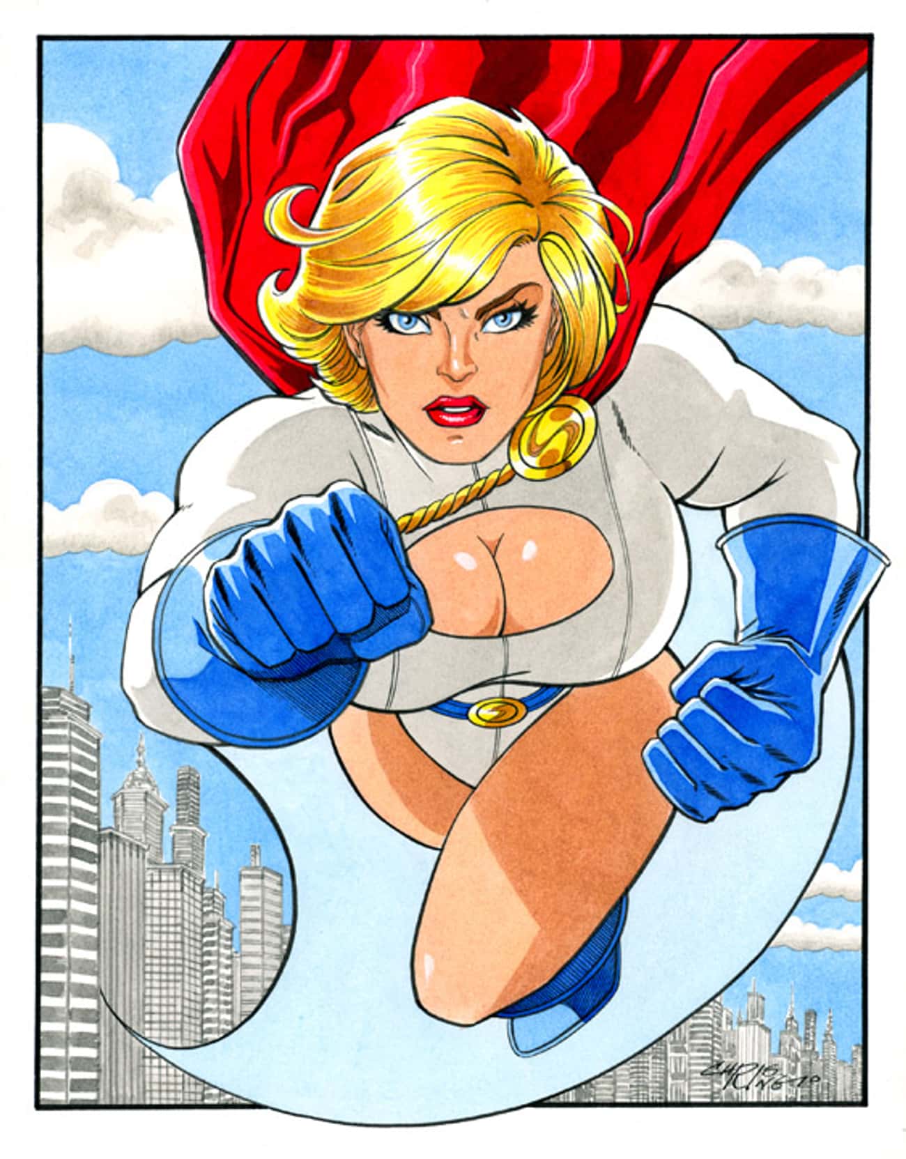 Power Girl in Blue and White Outfit
