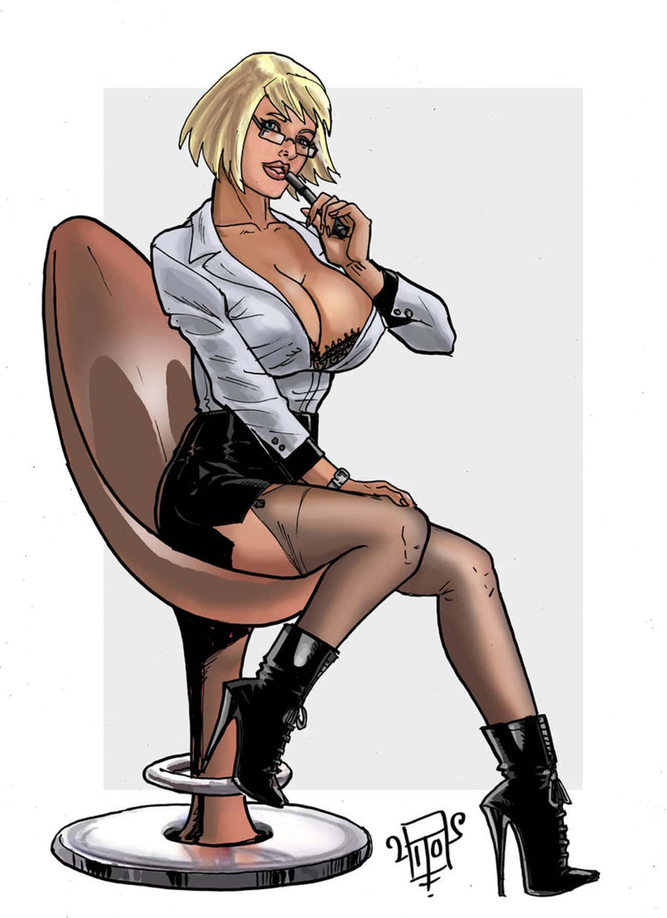 Power Girl in White Blouse with Leather Skirt