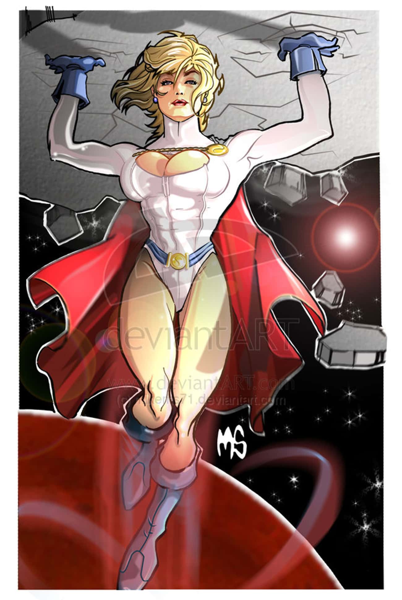 Power Girl in White Outfit with Red Cape