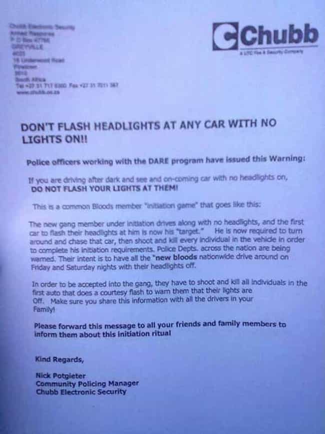 Flashing Your Lights Will Get ... is listed (or ranked) 1 on the list 16 Moral Panics That Are Keeping Your Parents Up At Night