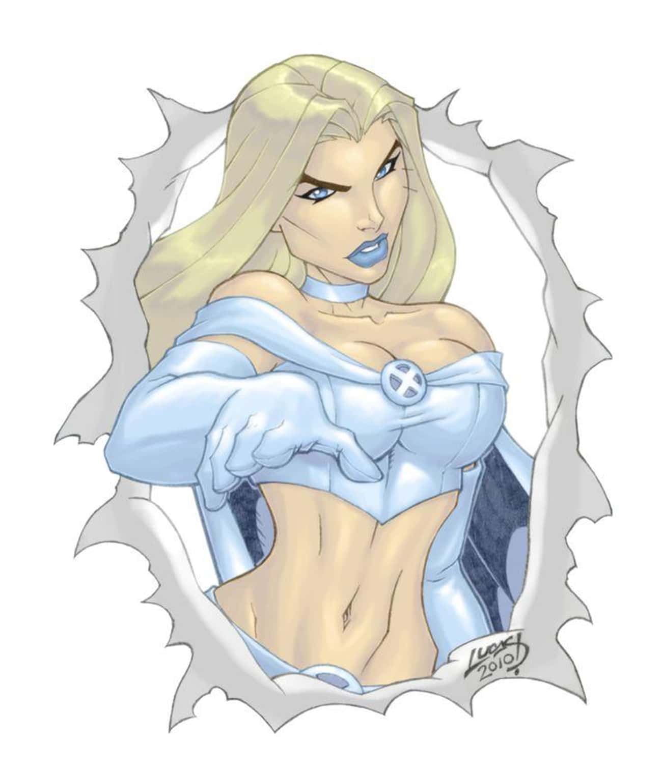 Emma Frost in a White Cropped Corset and a Chocker
