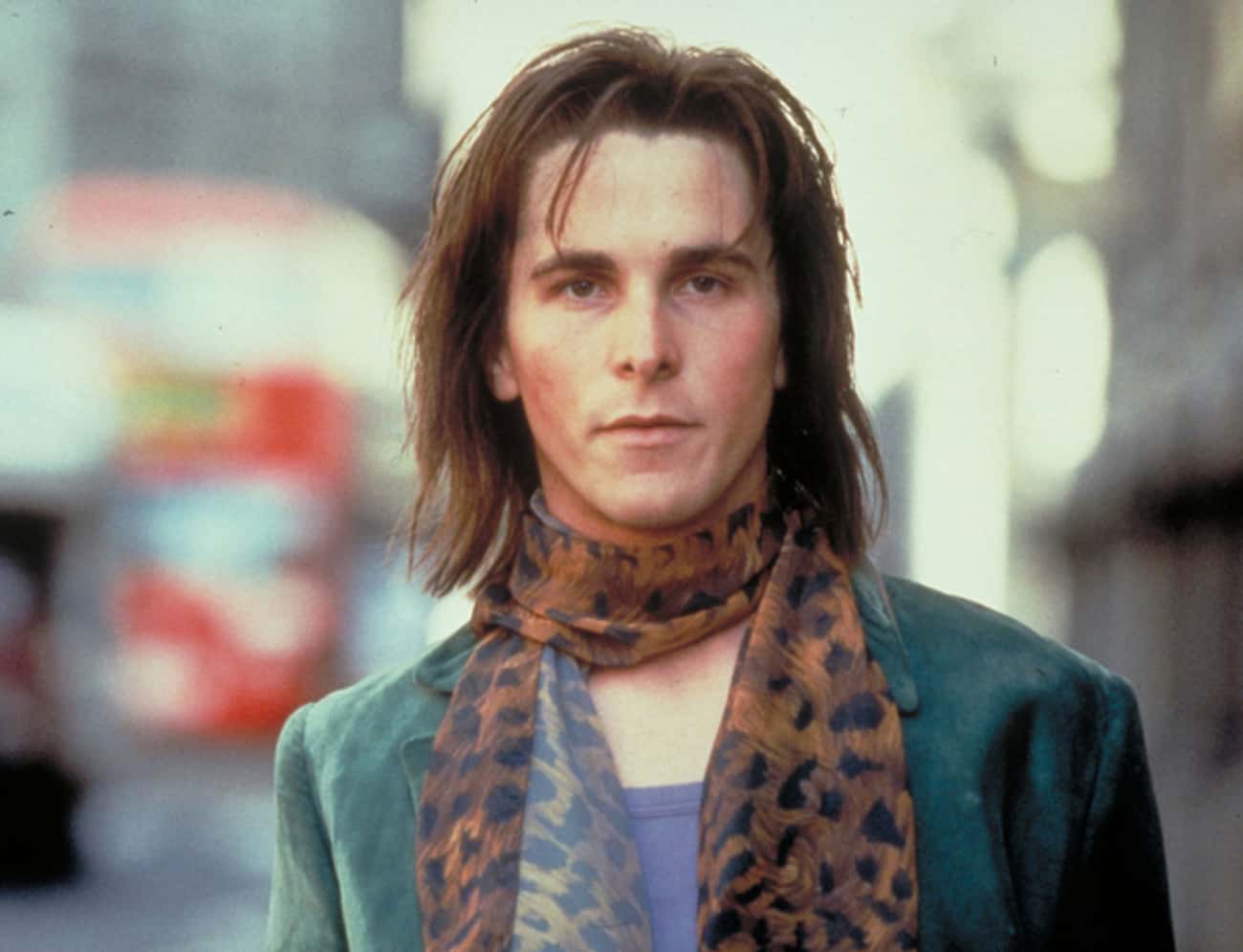 Young Christian Bale in Green Sports Coat and Leopard Printed Scarf