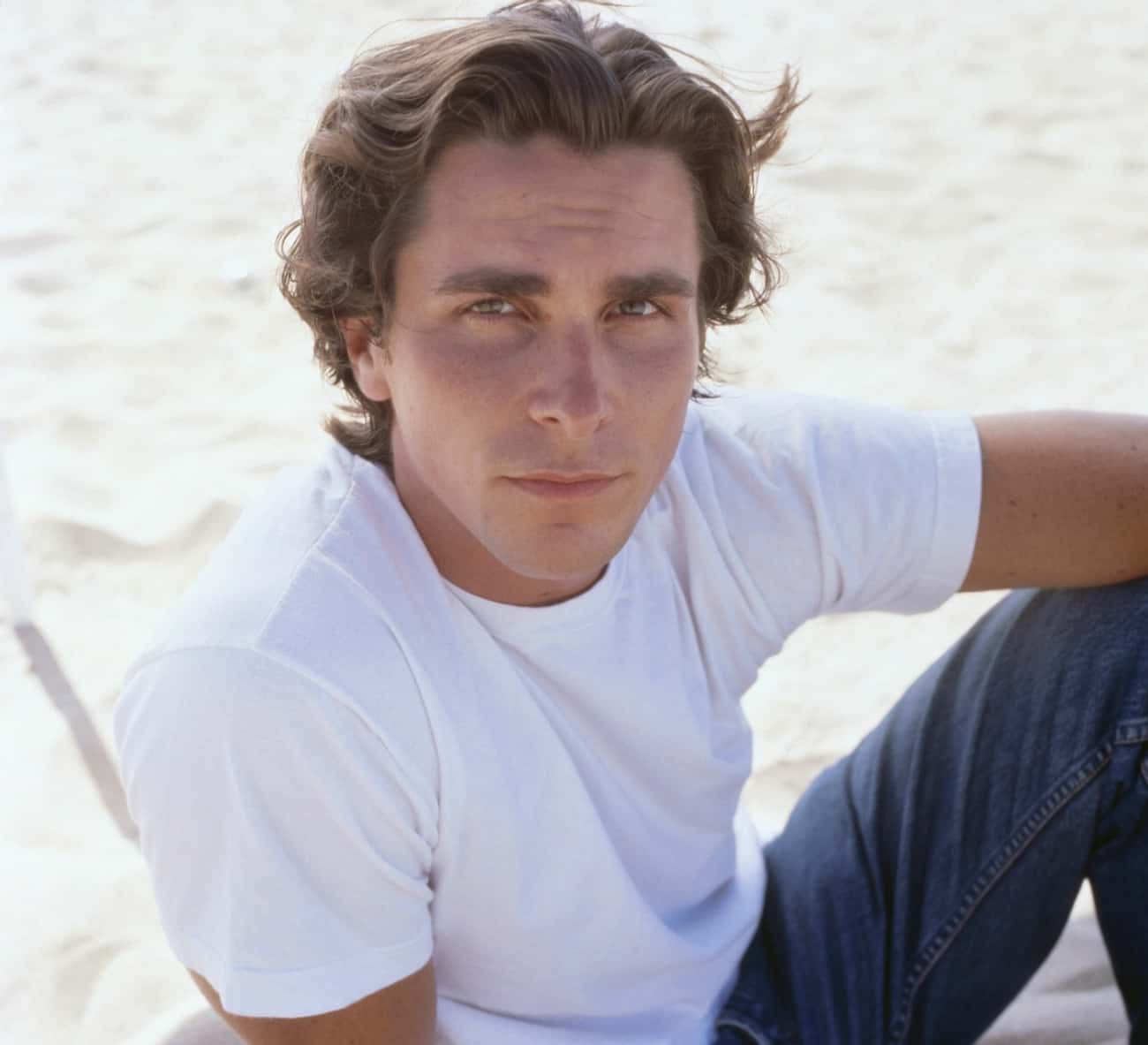 Young Christian Bale in White T-Shirt and Blue Jeans
