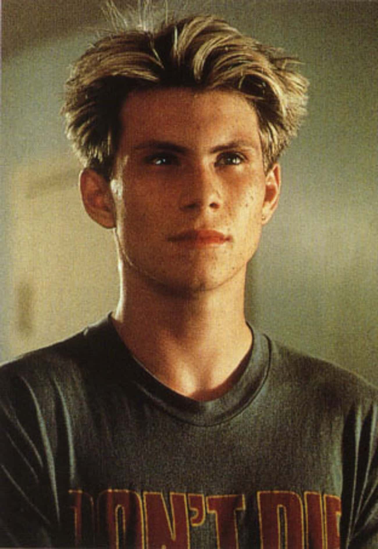 Young Christian Slater in Gray Printed T-Shirt