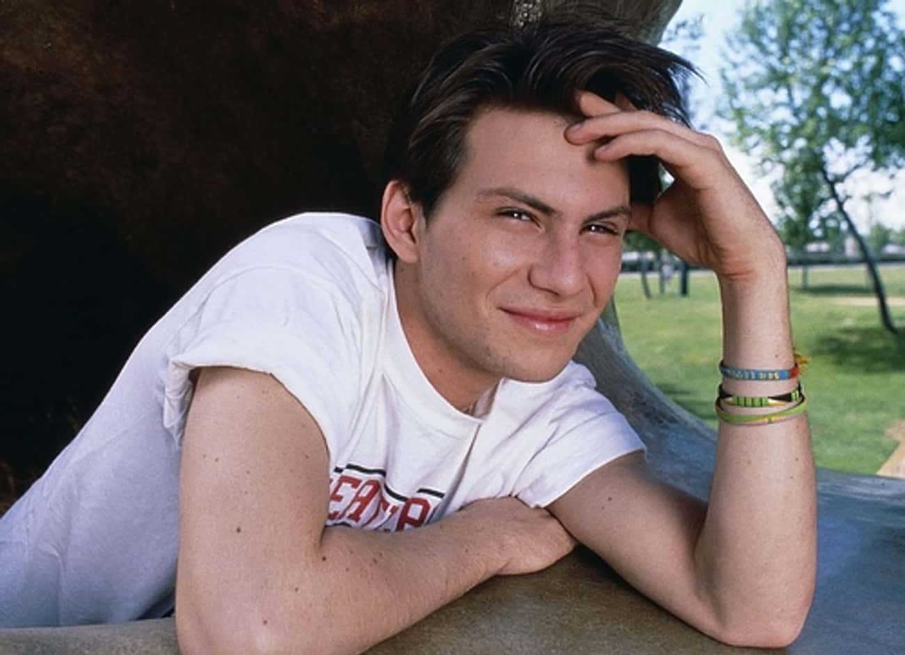 Young Christian Slater in White Printed T-Shirt