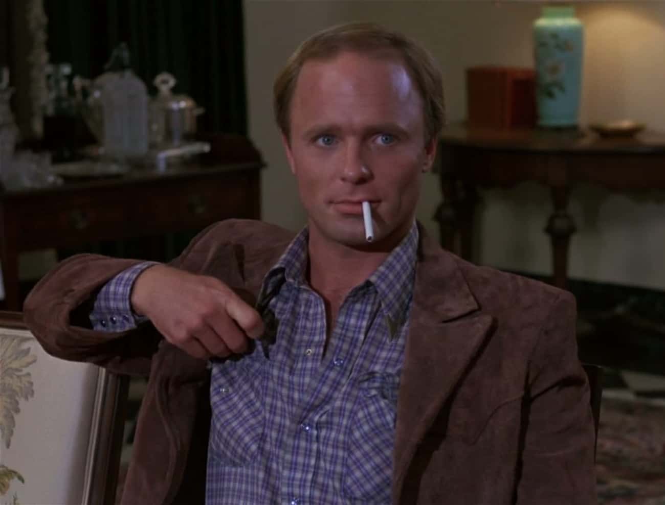 Young Ed Harris in Plaid Buttondown Smoking Cigarette