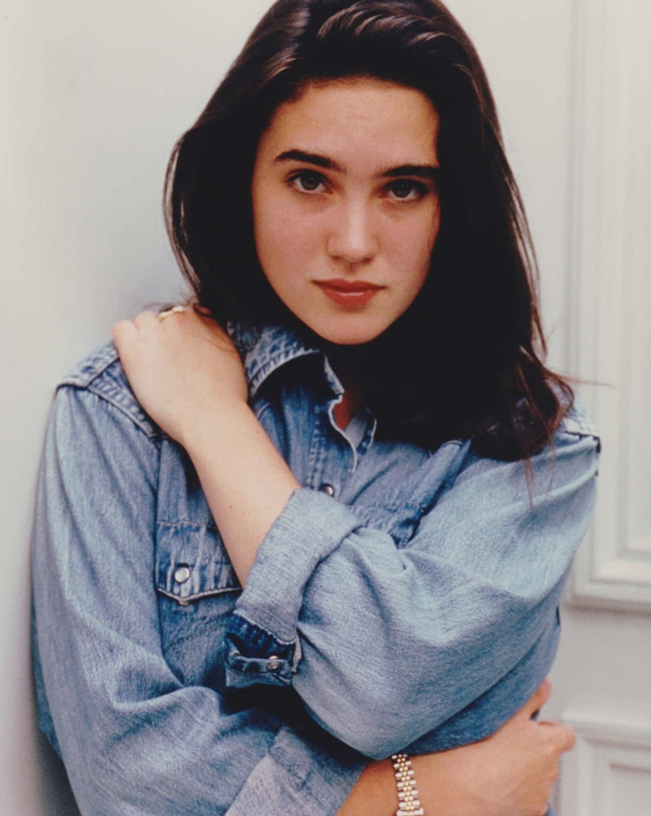 Young Jennifer Connelly In A Blue Jean Shirt