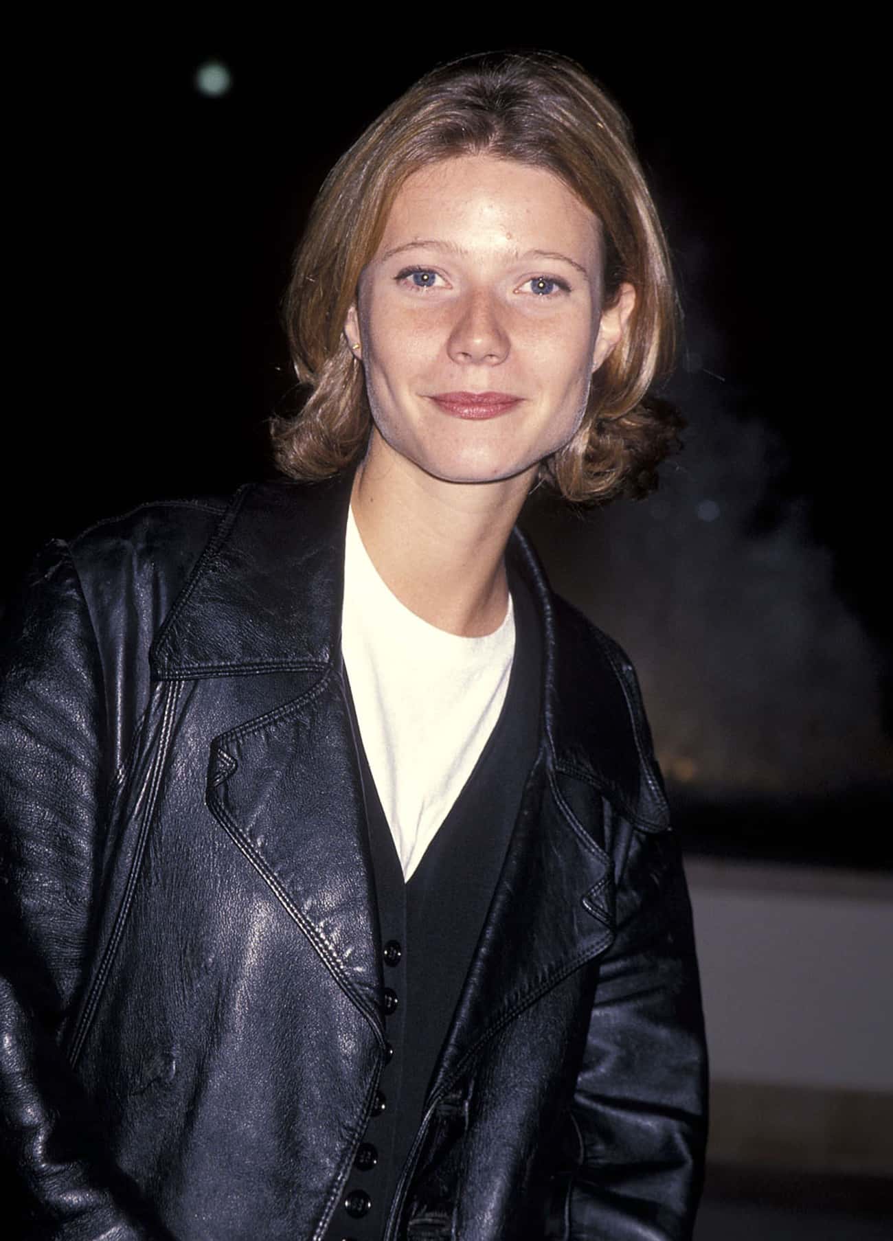 Young Gwyneth Paltrow in Black Leather Jacket and White T-Shirt