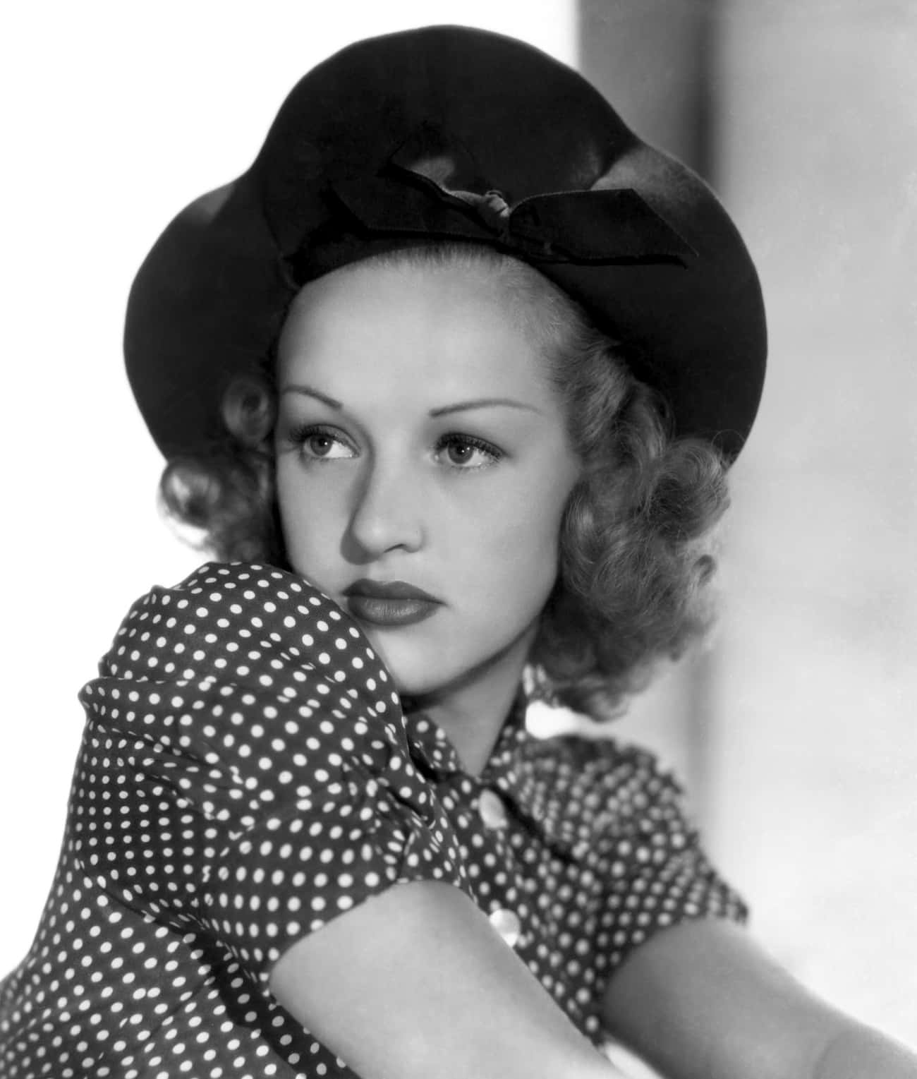 Young Lucille Ball in Polka Dot Dress with Black Hat