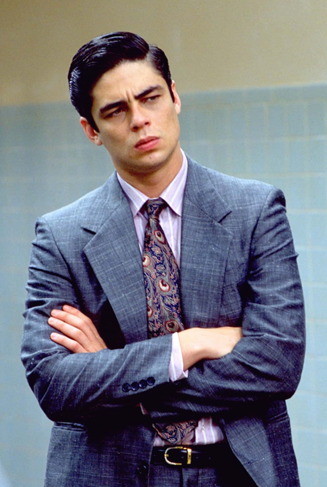 Young Benicio Del Toro in Gray Suit with Striped Buttondown