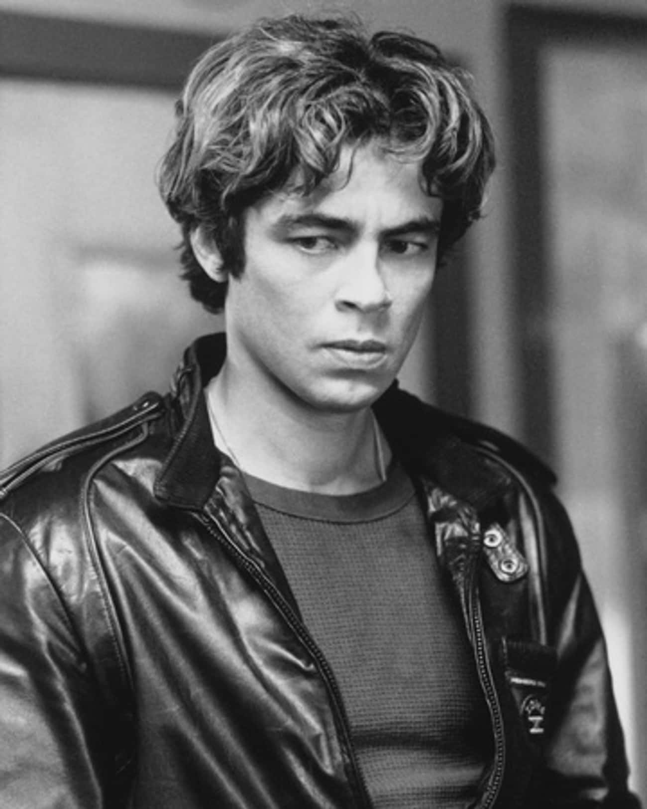 Young Benicio Del Toro in Black Leather Jacket and T-Shirt
