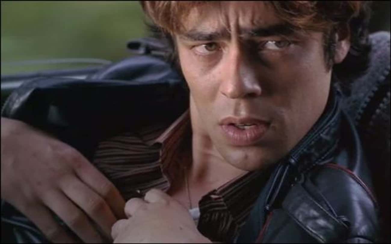 Young Benicio Del Toro in Leather Jacket and Striped Shirt