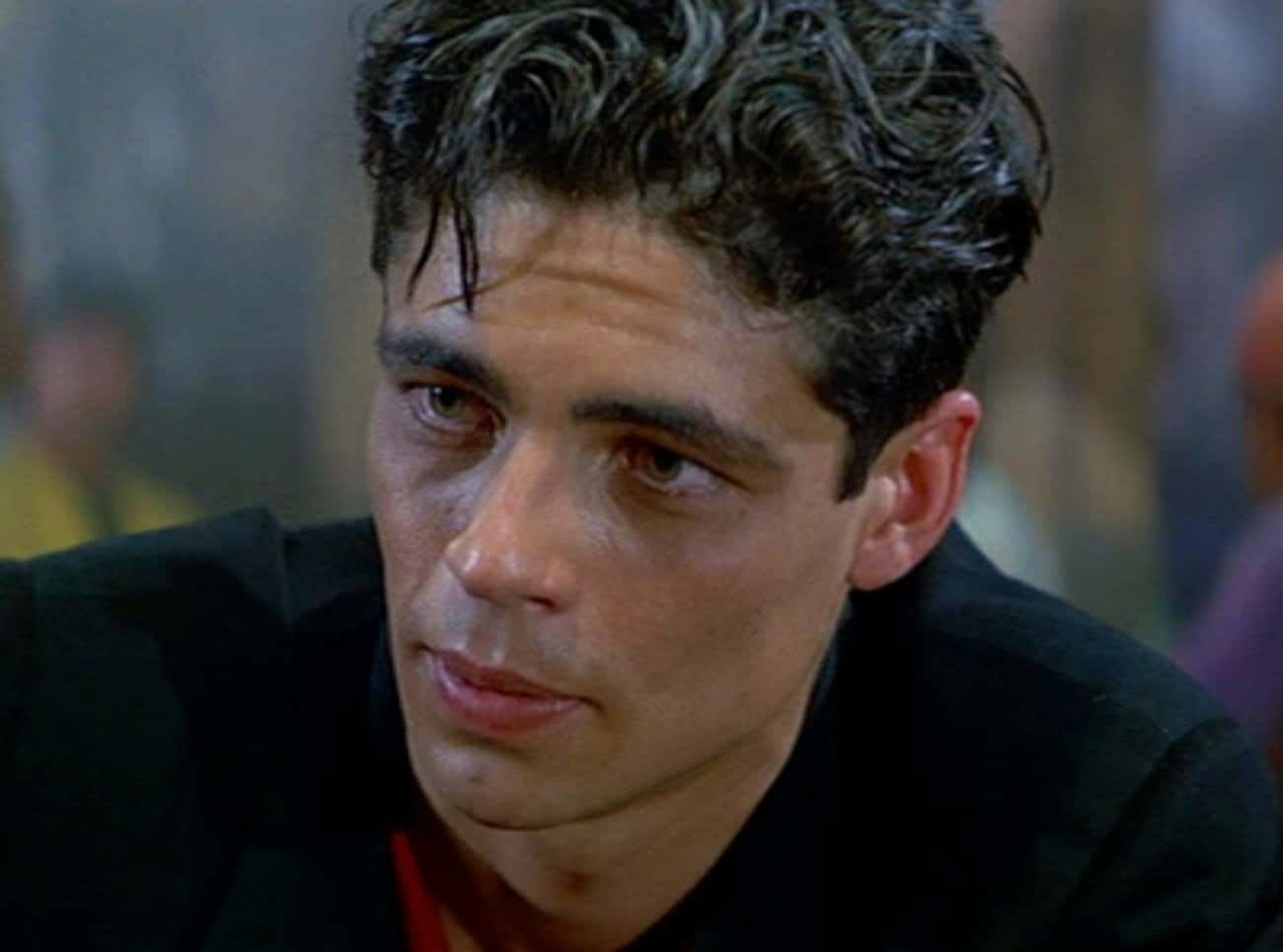 Young Benicio Del Toro in Black Sports Coat and Red Shirt