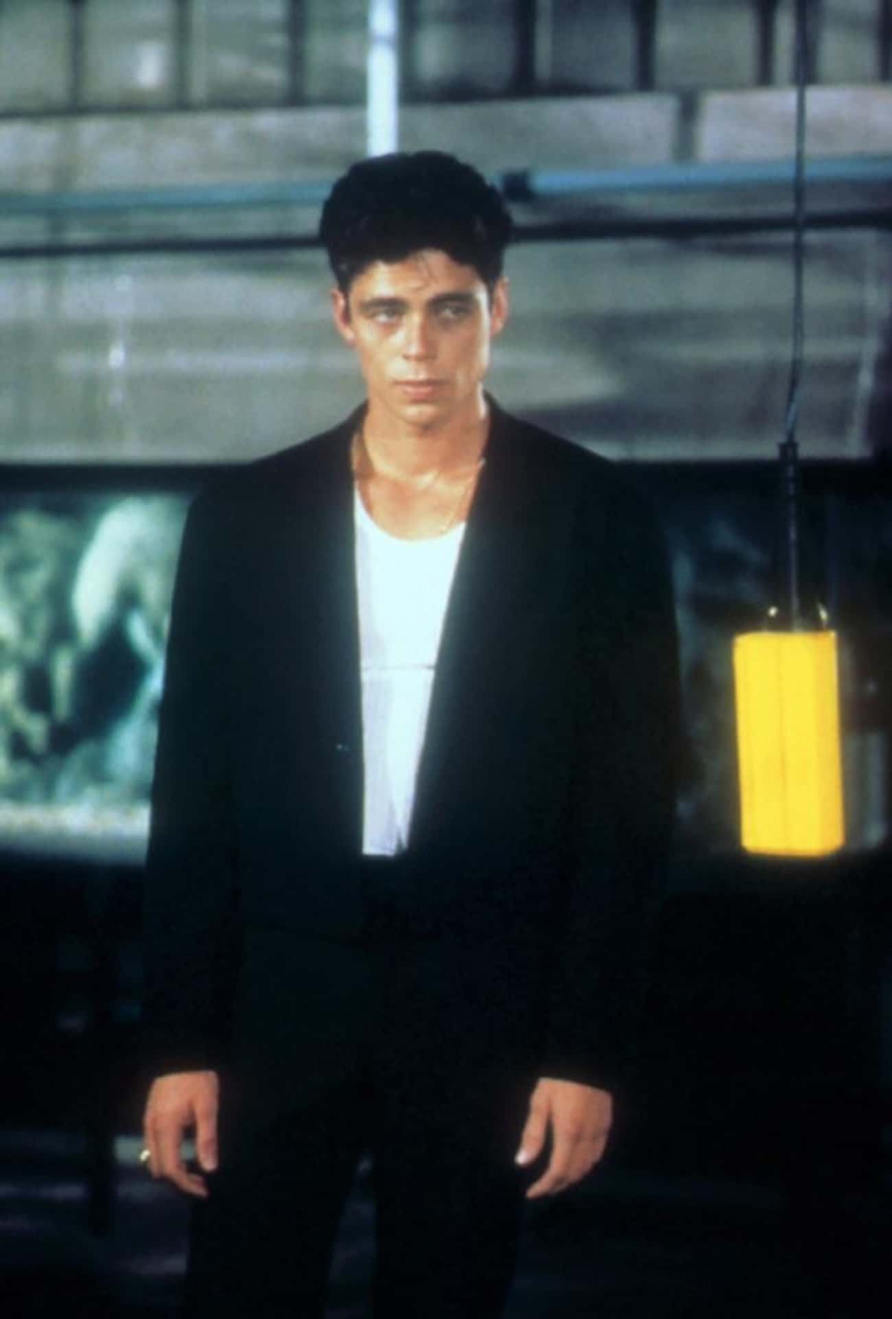 Young Benicio Del Toro in Black Suit and White T-Shirt