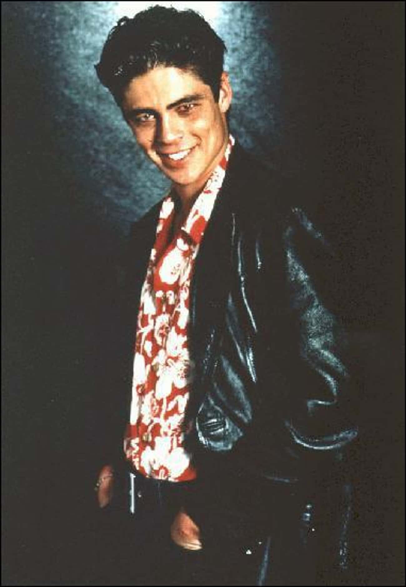 Young Benicio Del Toro in Leather Coat and Hawaiian-Style Shirt