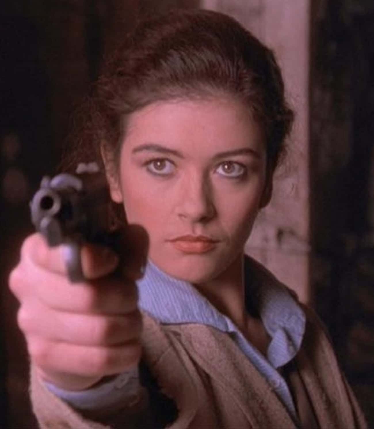 Young Catherine Zeta-Jones in Beige Jacket and Blue Buttondown