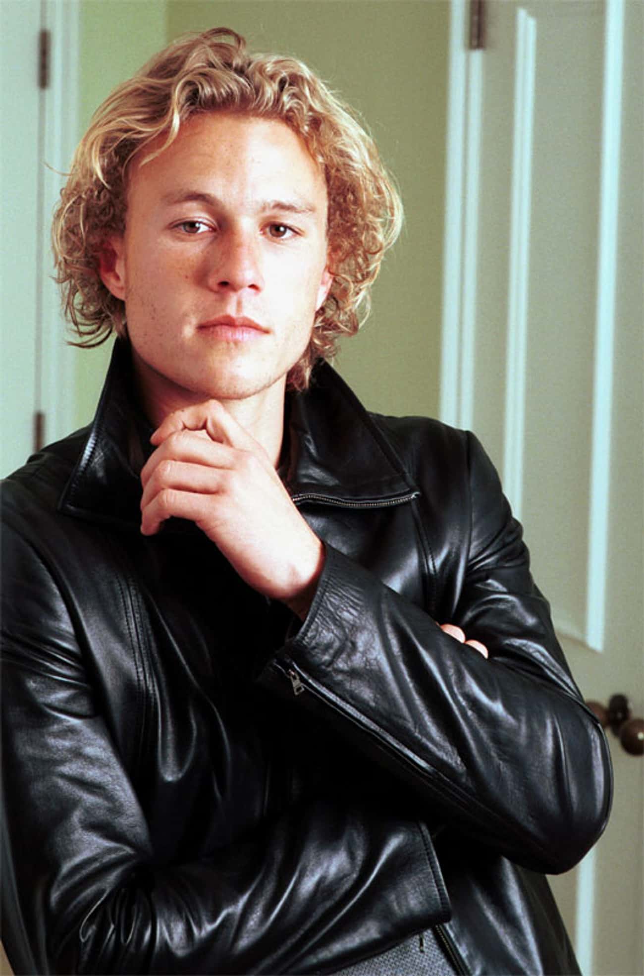 Young Heath Ledger in Black Leather Jacket Closeup Shot