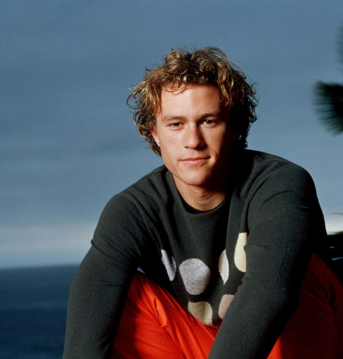 Young Heath Ledger in Gray Sweater with White Polka Dots