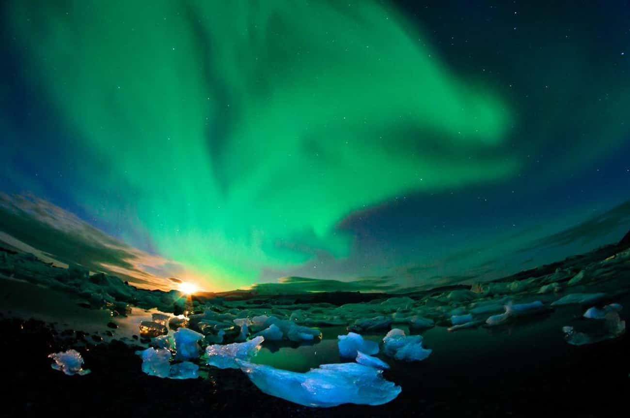 Northern Lights over a Glacier Lagoon in Iceland