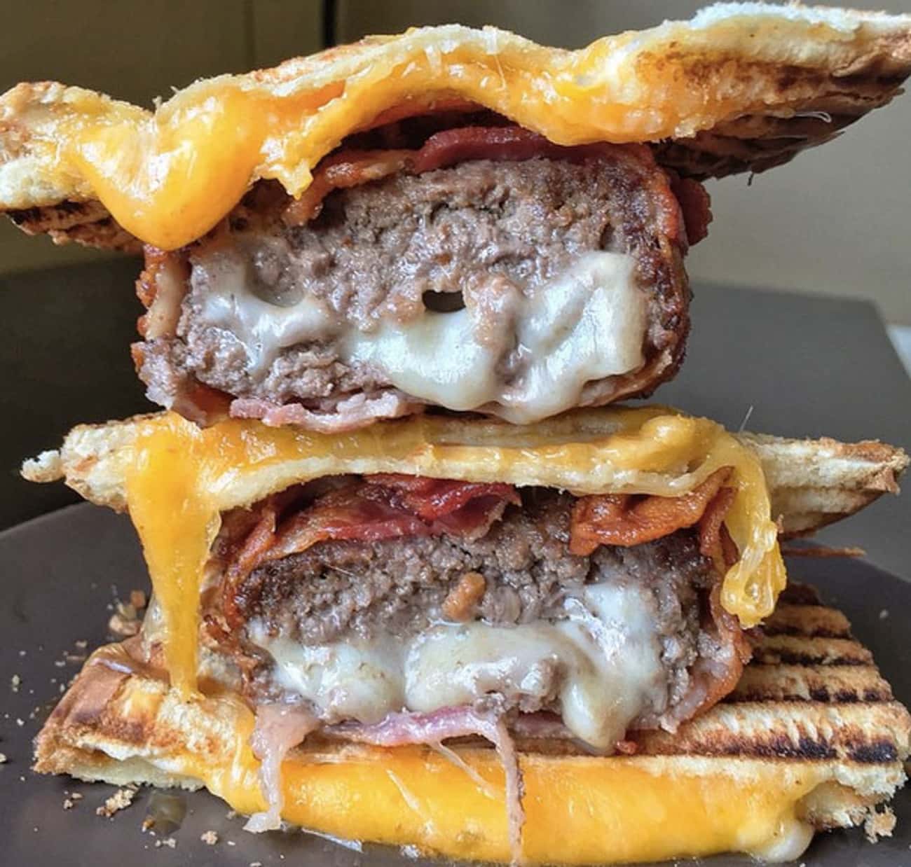 Bacon Wrapped Mozzarella Stuffed Cheeseburger with Grilled Cheese Buns