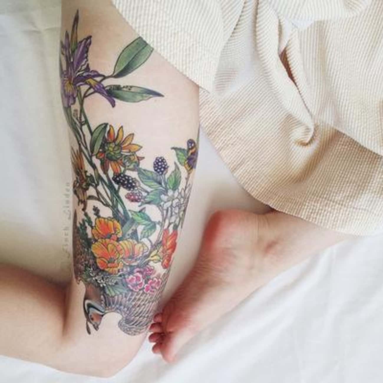 This Pretty Quail with Flowers Tattoo