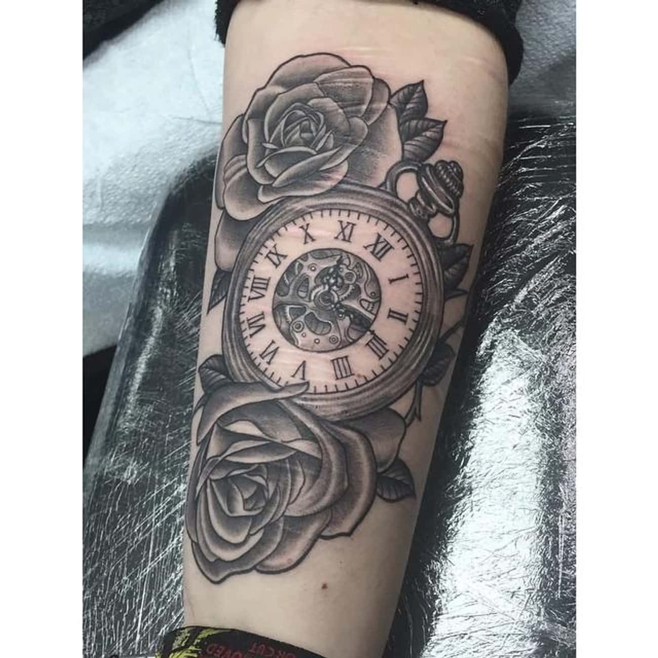 Pocketwatch And Roses Forearm Tattoo