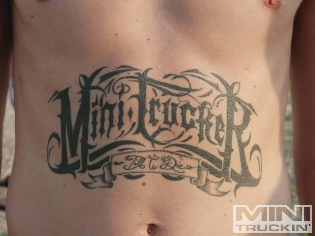 Mini Trucker Graffiti Lettering Tattoo On Stomach
