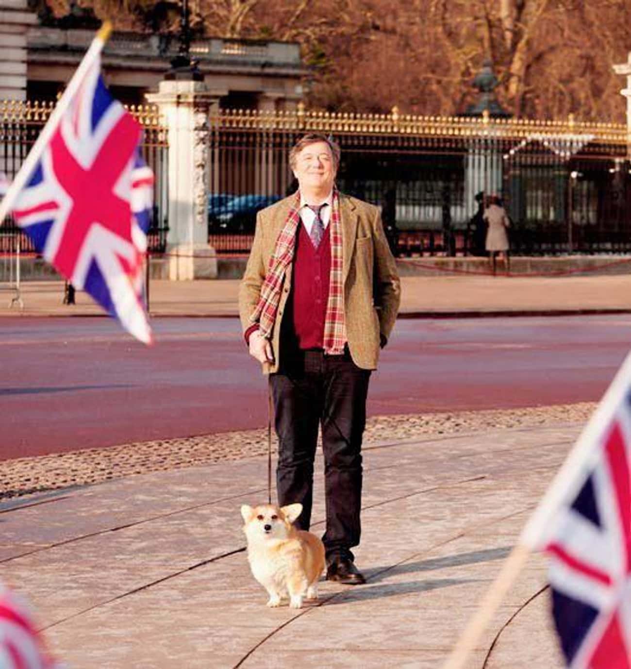 Stephen Fry Walking This Corgi Outside Buckingham Palace