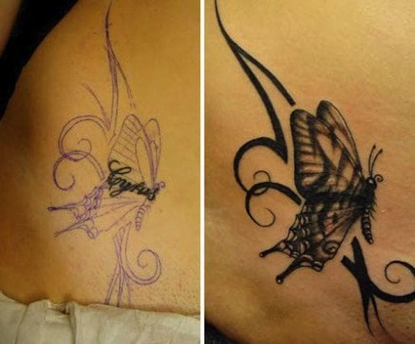 Перекрытие тату на пояснице до и после. Перекрытие тату бабочки. Перебить тату эскизы. Перекрытие старое тату бабочки