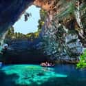 Majestic Trees and Forest Views in Greece's Melissani Cave on Random Most Beautiful Sea Caves Around the World