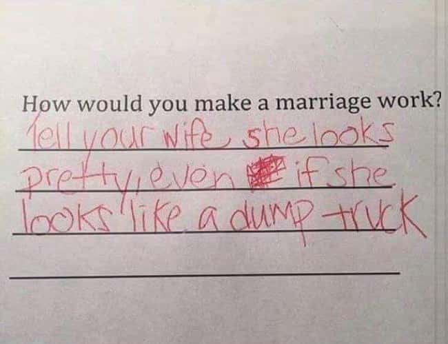 The Key to a Successful Marria is listed (or ranked) 41 on the list 53 Hilarious Test Answers From Kids