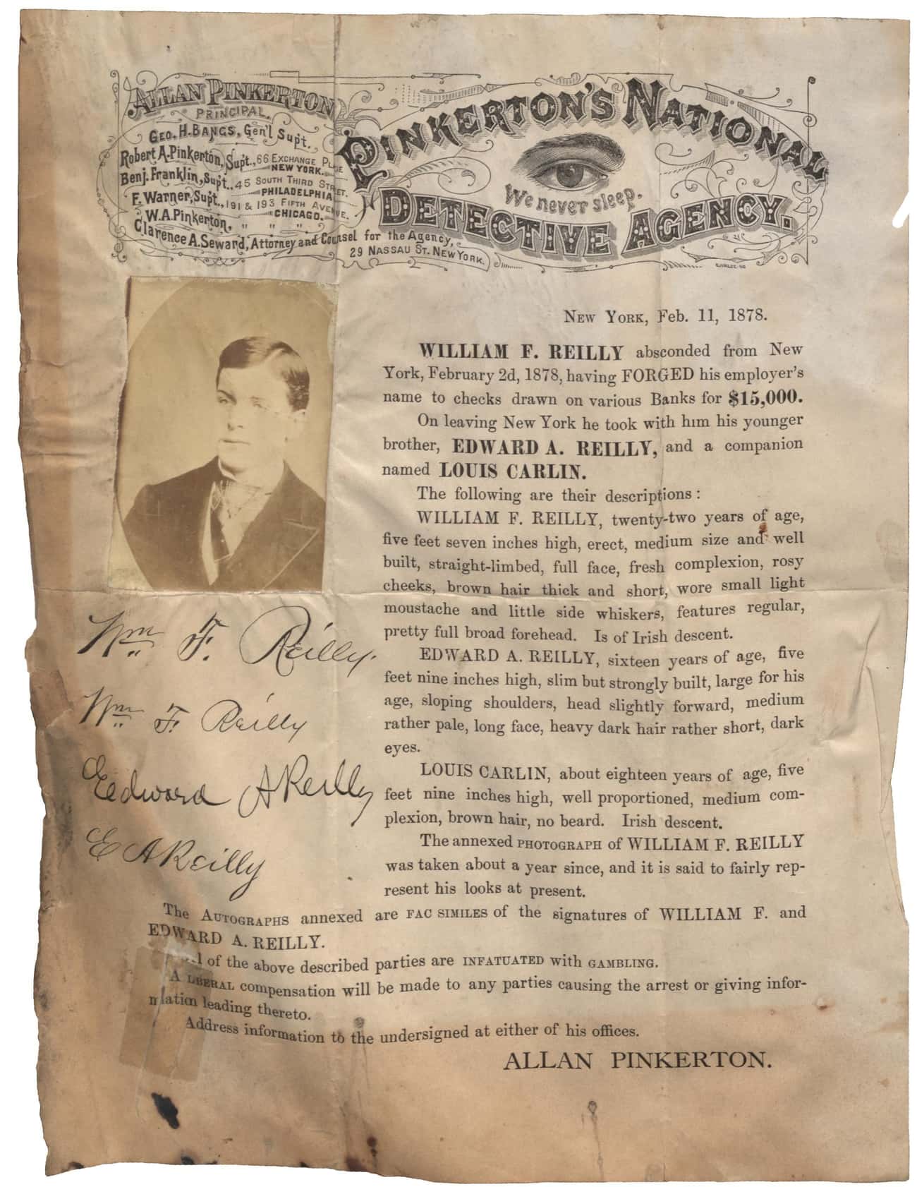 Pinkerton&#39;s National Detective Agency - &#34;We Never Sleep&#34; (1878)