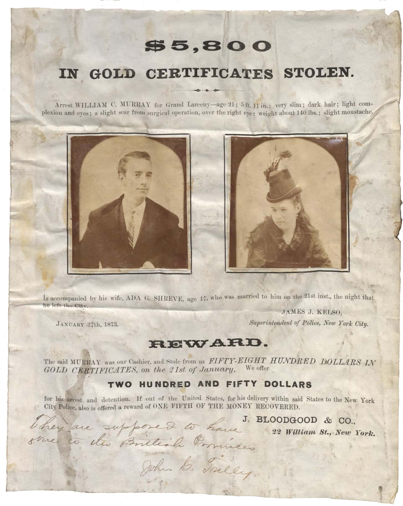 $5,800 in Gold Certificates Stolen (1873)
