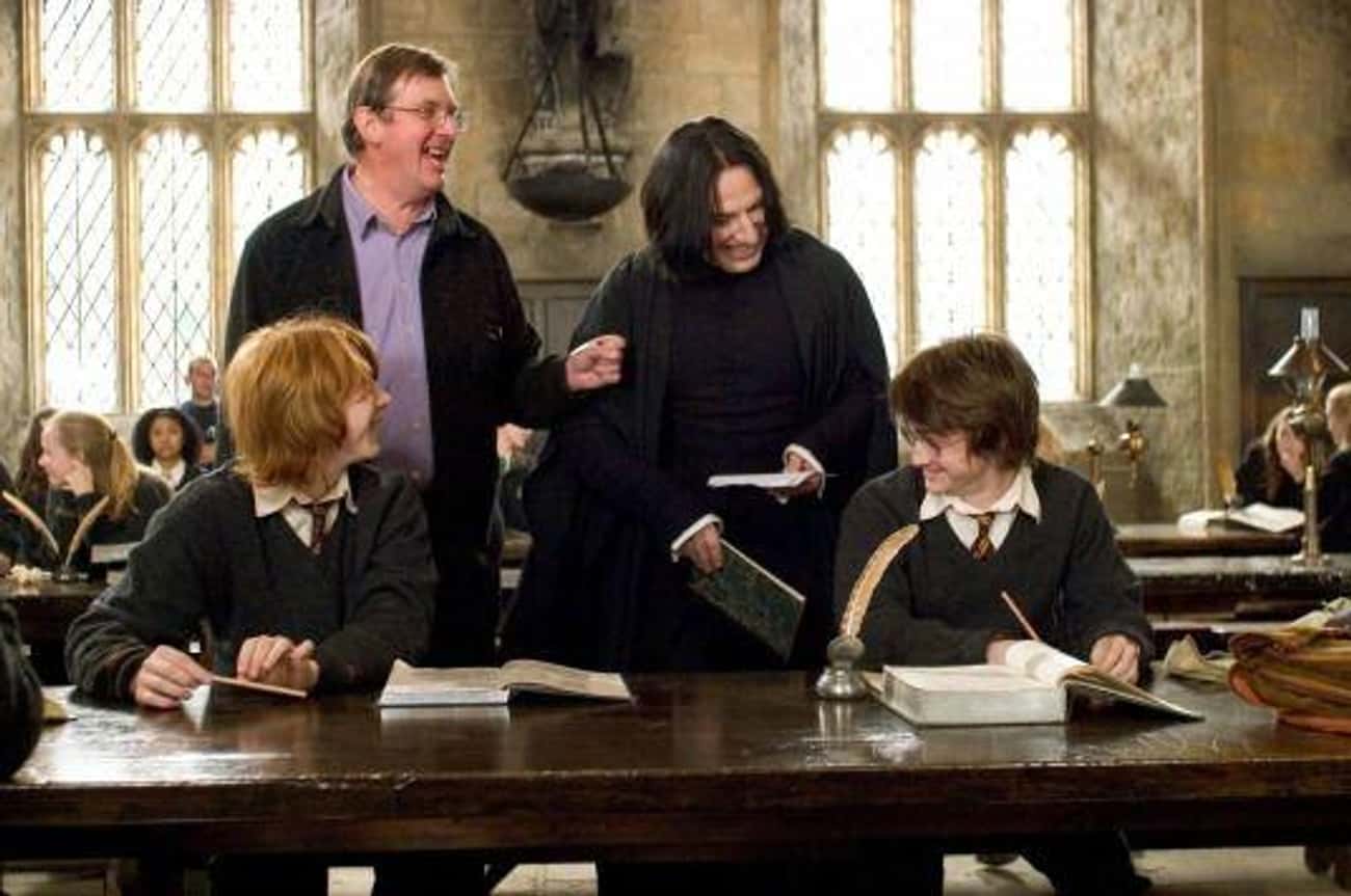 A Candid Shot Of Alan Rickman, Daniel Radcliffe, And Rupert Grint On Set - And Getting Along Wonderfully