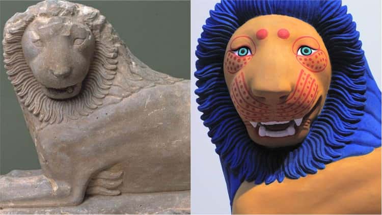 The Reproduction of "The Lion  is listed (or ranked) 5 on the list An Artist Re-Colored Greek Sculptures To Look Exactly Like When They Were Made