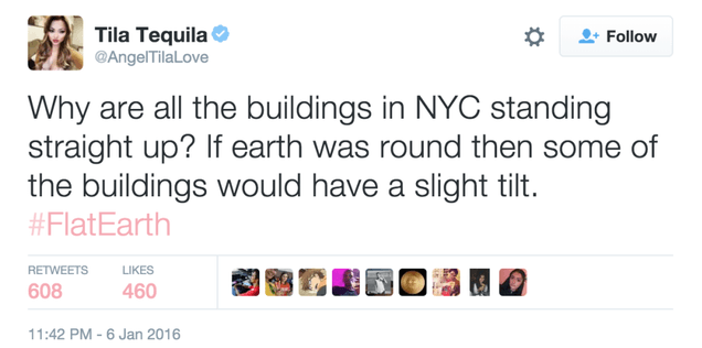Twitter post of Tila Tequila which shows she believes Earth is flat